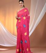 Pink mulmul cotton soft saree with applique work Without blouse