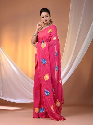 Pink mulmul cotton soft saree with applique work Without blouse 2