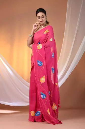 Pink mulmul cotton soft saree with applique work Without blouse