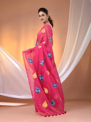 Pink mulmul cotton soft saree with applique work Without blouse 3