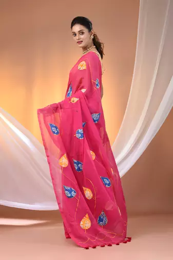 Pink mulmul cotton soft saree with applique work Without blouse