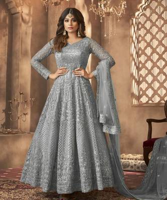 Grey net anarkali embroidered work festival long salwar suit dupatta 1