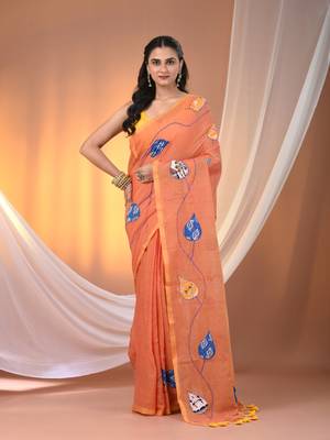 Orange mulmul cotton soft saree with applique work Without blouse 1