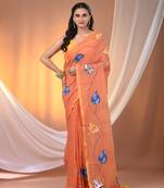 Orange mulmul cotton soft saree with applique work Without blouse