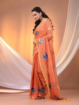 Orange mulmul cotton soft saree with applique work Without blouse 2