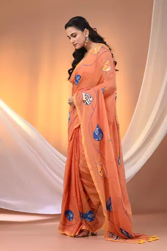 Orange mulmul cotton soft saree with applique work Without blouse