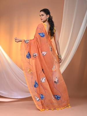 Orange mulmul cotton soft saree with applique work Without blouse 3