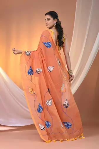 Orange mulmul cotton soft saree with applique work Without blouse
