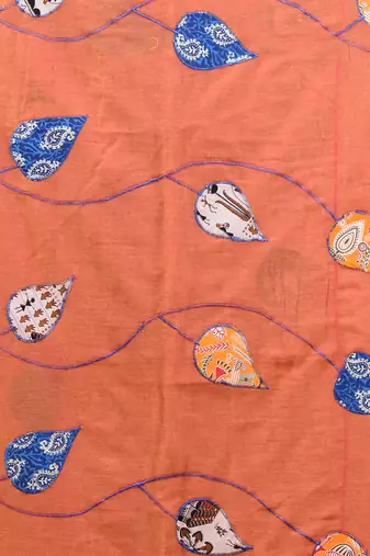Orange mulmul cotton soft saree with applique work Without blouse
