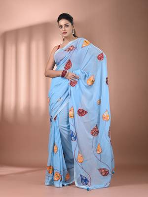 Sky blue mulmul cotton soft saree with applique work Without blouse 1
