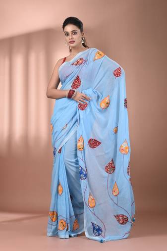 Sky blue mulmul cotton soft saree with applique work Without blouse