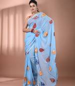 Sky blue mulmul cotton soft saree with applique work Without blouse