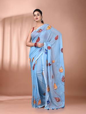 Sky blue mulmul cotton soft saree with applique work Without blouse 2