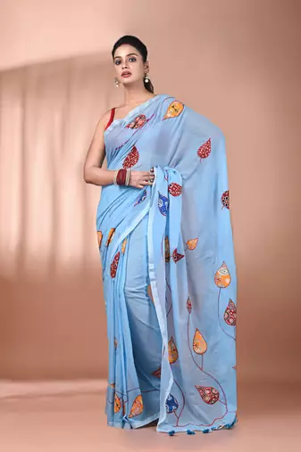 Sky blue mulmul cotton soft saree with applique work Without blouse