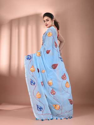 Sky blue mulmul cotton soft saree with applique work Without blouse 3
