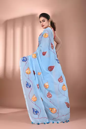 Sky blue mulmul cotton soft saree with applique work Without blouse