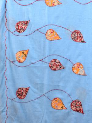 Sky blue mulmul cotton soft saree with applique work Without blouse 4