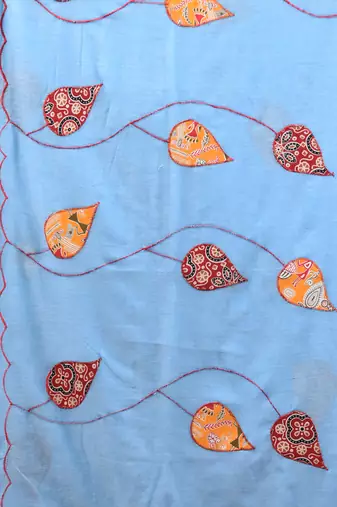 Sky blue mulmul cotton soft saree with applique work Without blouse