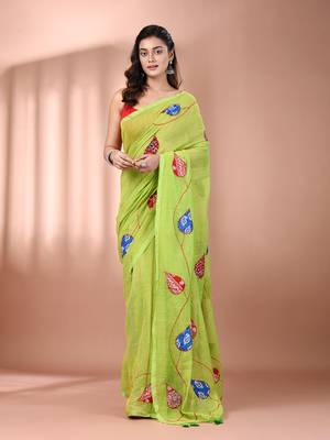 Parrot green mulmul cotton soft saree with applique work Without blouse 1