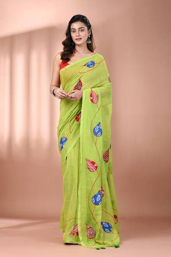 Parrot green mulmul cotton soft saree with applique work Without blouse