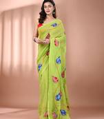 Parrot green mulmul cotton soft saree with applique work Without blouse