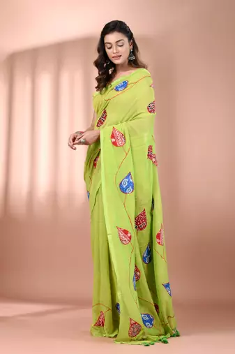 Parrot green mulmul cotton soft saree with applique work Without blouse