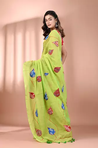 Parrot green mulmul cotton soft saree with applique work Without blouse