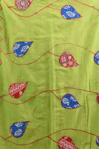 Parrot green mulmul cotton soft saree with applique work Without blouse