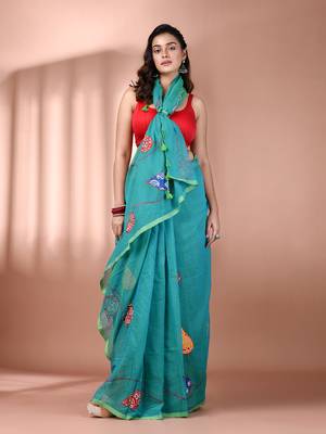 Sea green mulmul cotton soft saree with applique work Without blouse 1