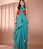 Sea green mulmul cotton soft saree with applique work Without blouse