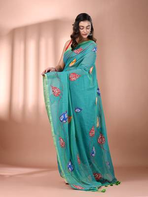 Sea green mulmul cotton soft saree with applique work Without blouse 2