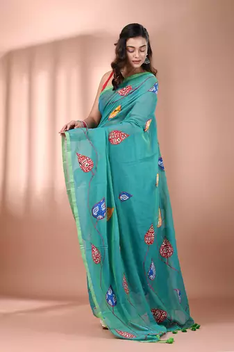 Sea green mulmul cotton soft saree with applique work Without blouse