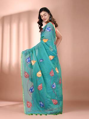 Sea green mulmul cotton soft saree with applique work Without blouse 3