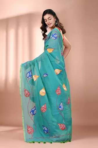 Sea green mulmul cotton soft saree with applique work Without blouse