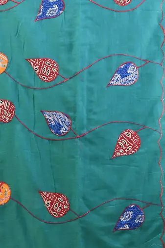 Sea green mulmul cotton soft saree with applique work Without blouse