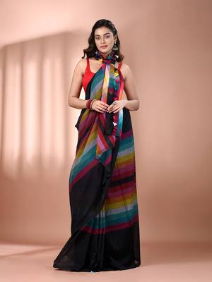 Black and multicolor colorblocked mulmul cotton saree Without blouse 1