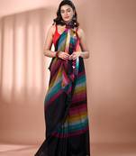 Black and multicolor colorblocked mulmul cotton saree Without blouse