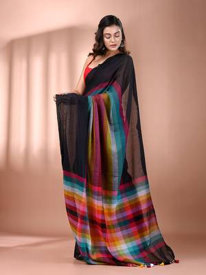 Black and multicolor colorblocked mulmul cotton saree Without blouse 2