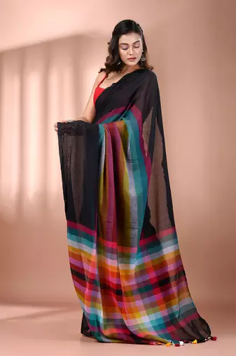 Black and multicolor colorblocked mulmul cotton saree Without blouse