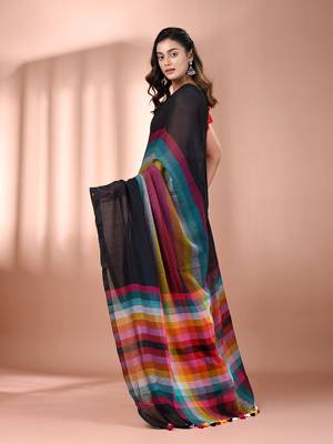 Black and multicolor colorblocked mulmul cotton saree Without blouse 3
