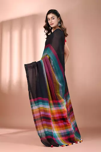 Black and multicolor colorblocked mulmul cotton saree Without blouse