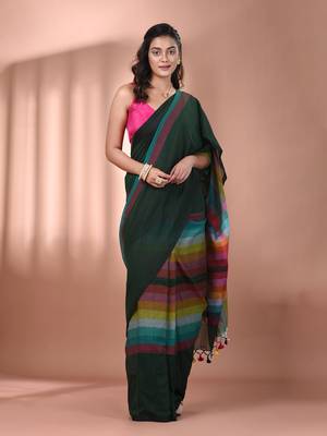 Green and multicolor colorblocked mulmul cotton saree Without blouse 1