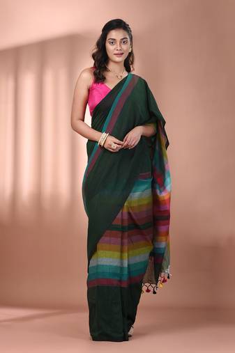 Green and multicolor colorblocked mulmul cotton saree Without blouse