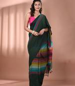 Green and multicolor colorblocked mulmul cotton saree Without blouse