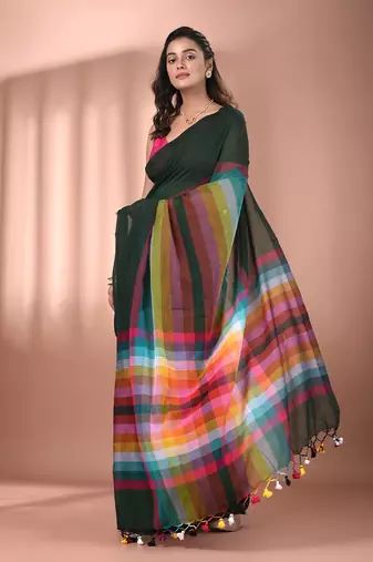 Green and multicolor colorblocked mulmul cotton saree Without blouse