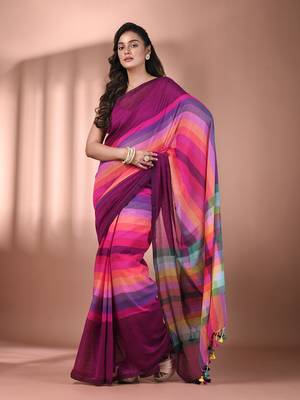 Magenta and multicolor colorblocked mulmul cotton saree Without blouse 1