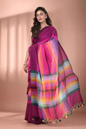 Magenta and multicolor colorblocked mulmul cotton saree Without blouse