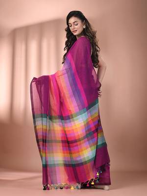 Magenta and multicolor colorblocked mulmul cotton saree Without blouse 3