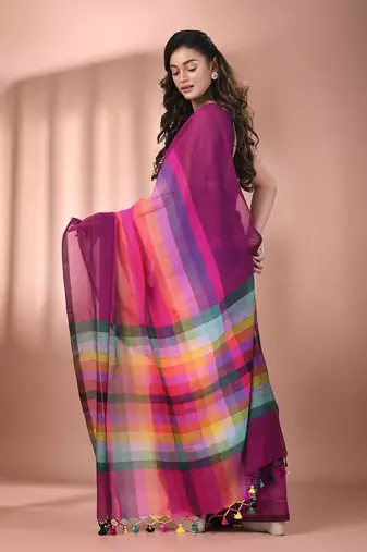Magenta and multicolor colorblocked mulmul cotton saree Without blouse