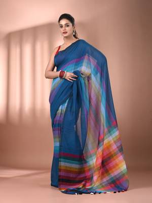 Sapphire blue and multicolor colorblocked mulmul cotton saree Without blouse 1